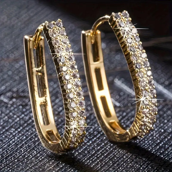 Gold circular hoop earrings with double row of sparkling zirconia