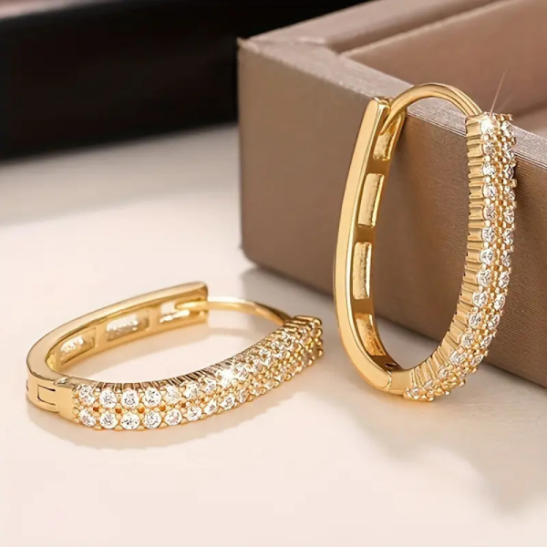 Gold circular hoop earrings with double row of sparkling zirconia - earrings upright angle