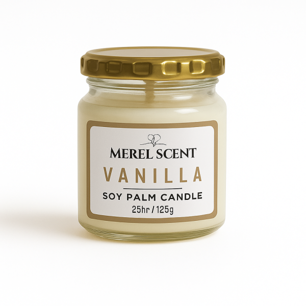 A Merel Scent Vanilla soy palm candle in a clear glass jar with creamy wax and a glossy black lid, featuring a vintage-style label in gold tones, 125g and 20-hour burn time.
