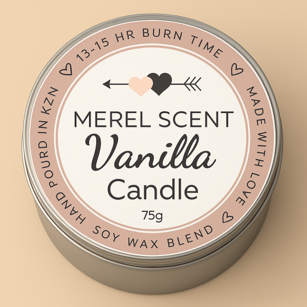 Vanilla Candle 75g. Soft, comforting scent handmade in South Africa. Clean-burning soy wax blend in a compact tin. Calming and travel-friendly.
